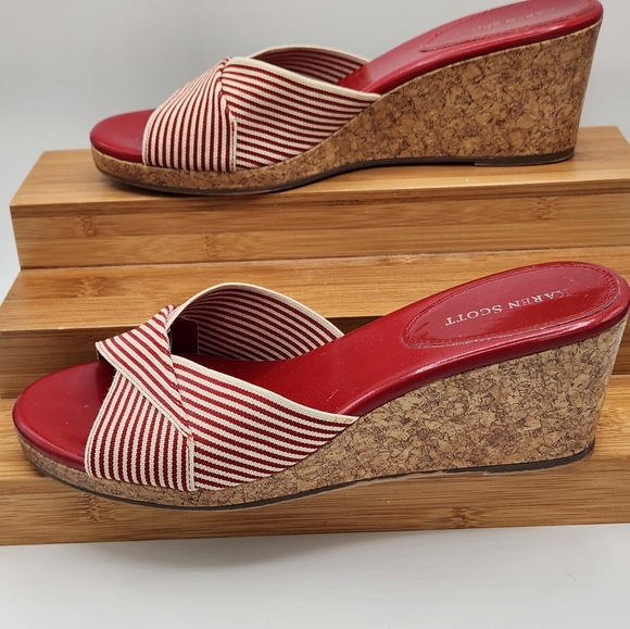 KAREN SCOTT RED STRIPED WEDGE SANDALS SIZE 8 1/2 - Picture 2 of 4